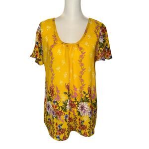 Star Vixen Women's Short Sleeve Top Large Yellow Pink Purple Floral